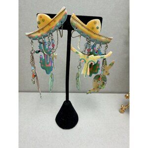 Vintage 1980s Enamel Statement Dangle Earrings Colorful Southwestern Art